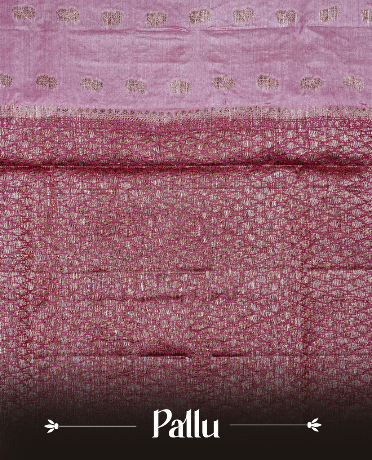 Pink colour banaras silk saree featuring Gold zari buttas on body, complemented by contrast Maroon colour border, comes with matching blouse piece.