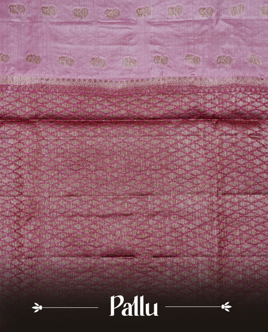 Pink colour banaras silk saree featuring Gold zari buttas on body, complemented by contrast Maroon colour border, comes with matching blouse piece.