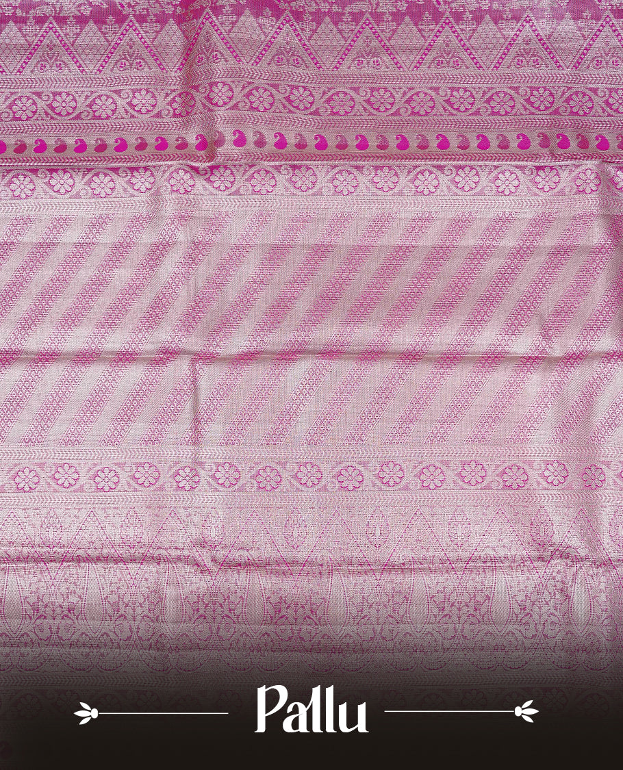 Pink colour Semi Tissue Silk saree featuring Light gold Kodi pattern on body, complemented by Sel colour with gold zari border, paired with matching blouse piece.