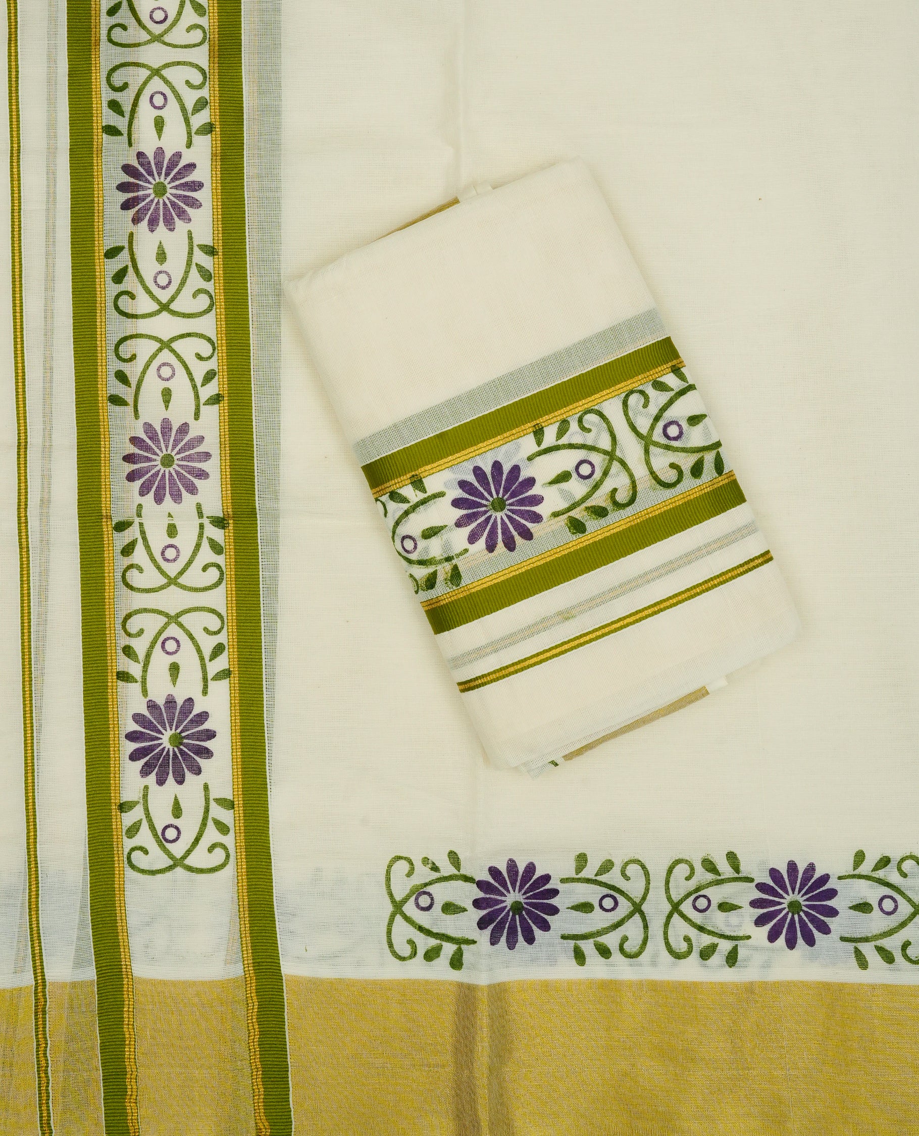 Cream colour cotton Set Mundu With Plain body, enhanced with Gold zari & Green colour design printed kara.