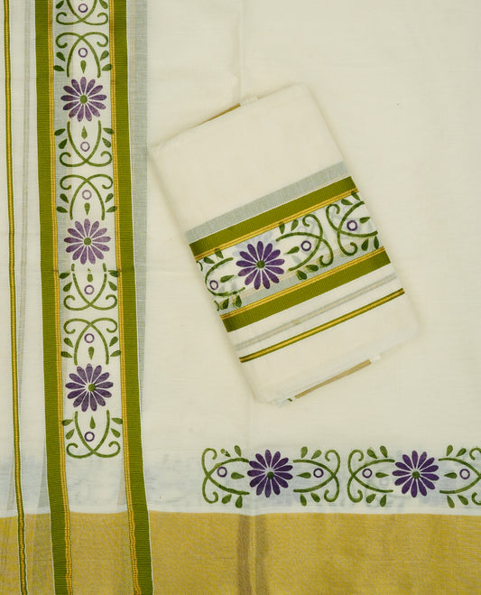 Cream colour cotton Set Mundu With Plain body, enhanced with Gold zari & Green colour design printed kara.