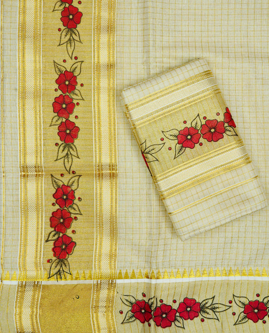 Cream Colour  tissue set mundu featuring a subtle checked body, enhanced with elegant red floral motifs & a rich gold zari kara