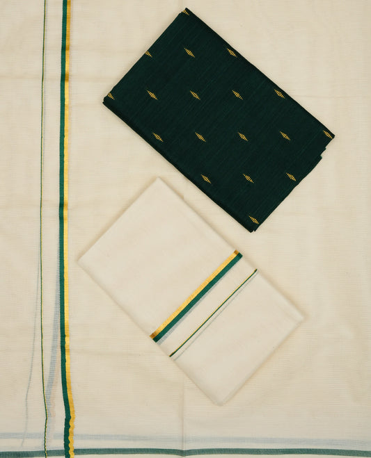 Cream colour cotton set mundu with plain body, featuring Gold zari & green simple kara.
