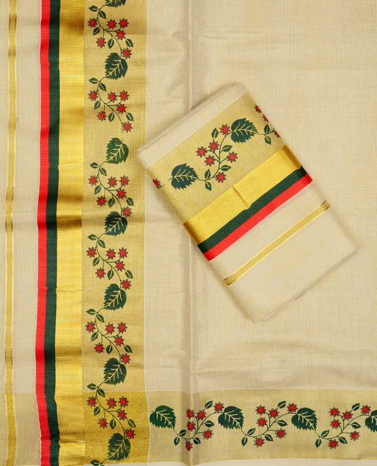 Cream Colour tissue set mundu featuring a plain body, enhanced with delicate red floral vine motifs & Red, Green & a gold zari kara.