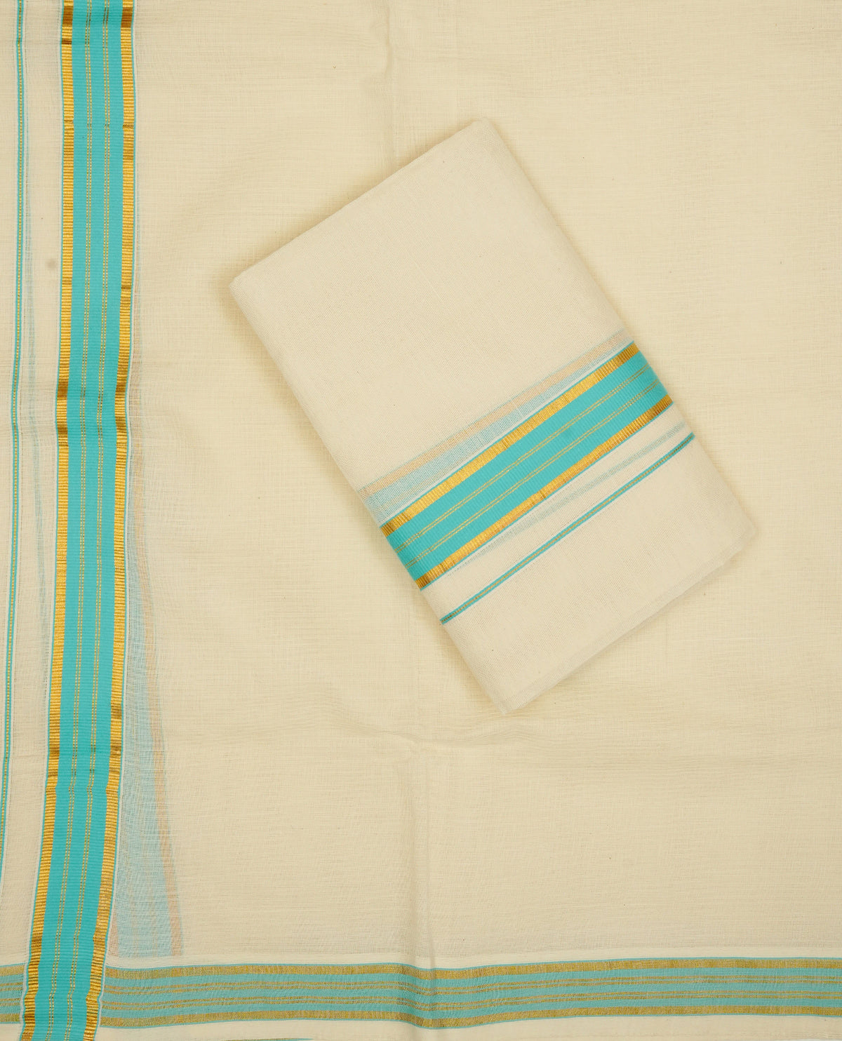 Cream colour cotton Set Mundu With Plain body, enhanced with Gold kasavu & blue kara.