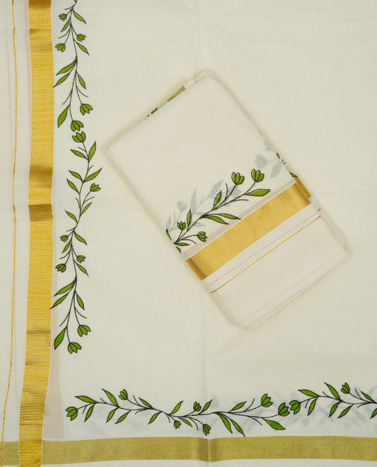 Cream colour cotton set mundu featuring Simple kasav kara with green kodi print.