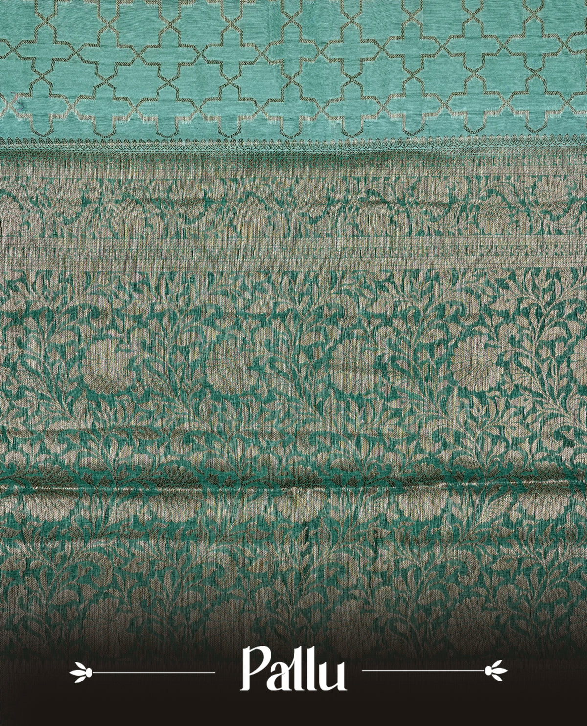 Blue colour Banaras silk saree featuring gold zari Geometric pattern on body, complemented by contrast Teal colour with zari border, comes with matching blouse piece.