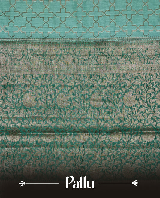 Blue colour Banaras silk saree featuring gold zari Geometric pattern on body, complemented by contrast Teal colour with zari border, comes with matching blouse piece.