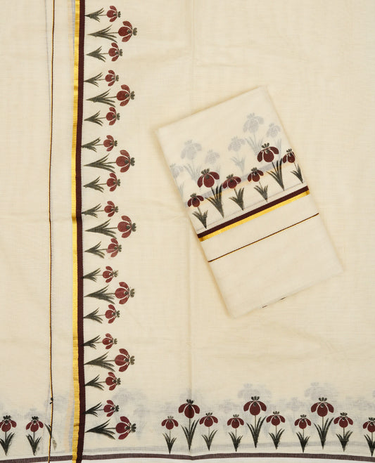 Cream colour cotton set mundu with plain body, featuring Gold zari & Floral print kara.