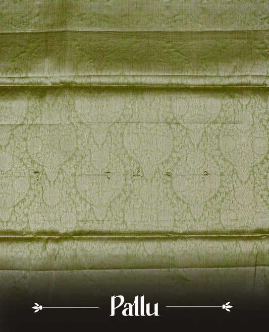 Light green Colour banaras saree featuring Light gold zari Floral kodi pattern on body, complemented by borderless finish, comes with matching blouse piece.
