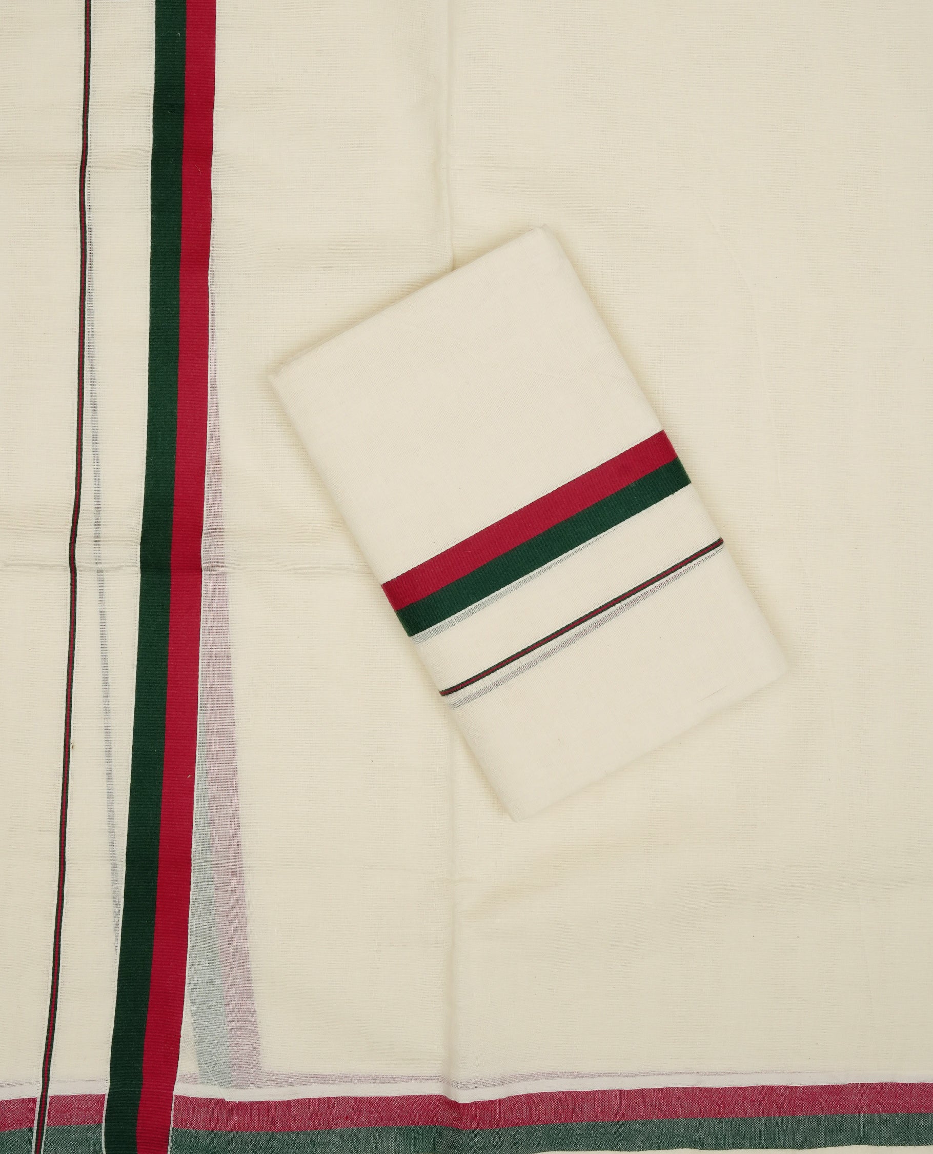 Cream colour Cotton set mundu With plain body, enhance Red & Green colour kara.