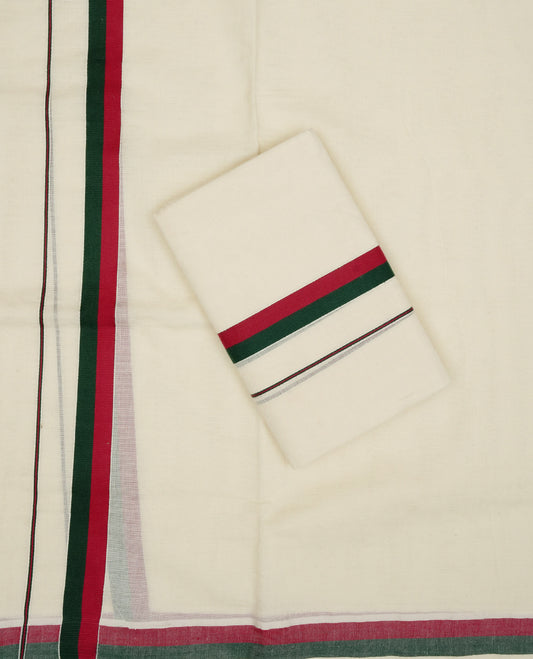 Cream colour Cotton set mundu With plain body, enhance Red & Green colour kara.