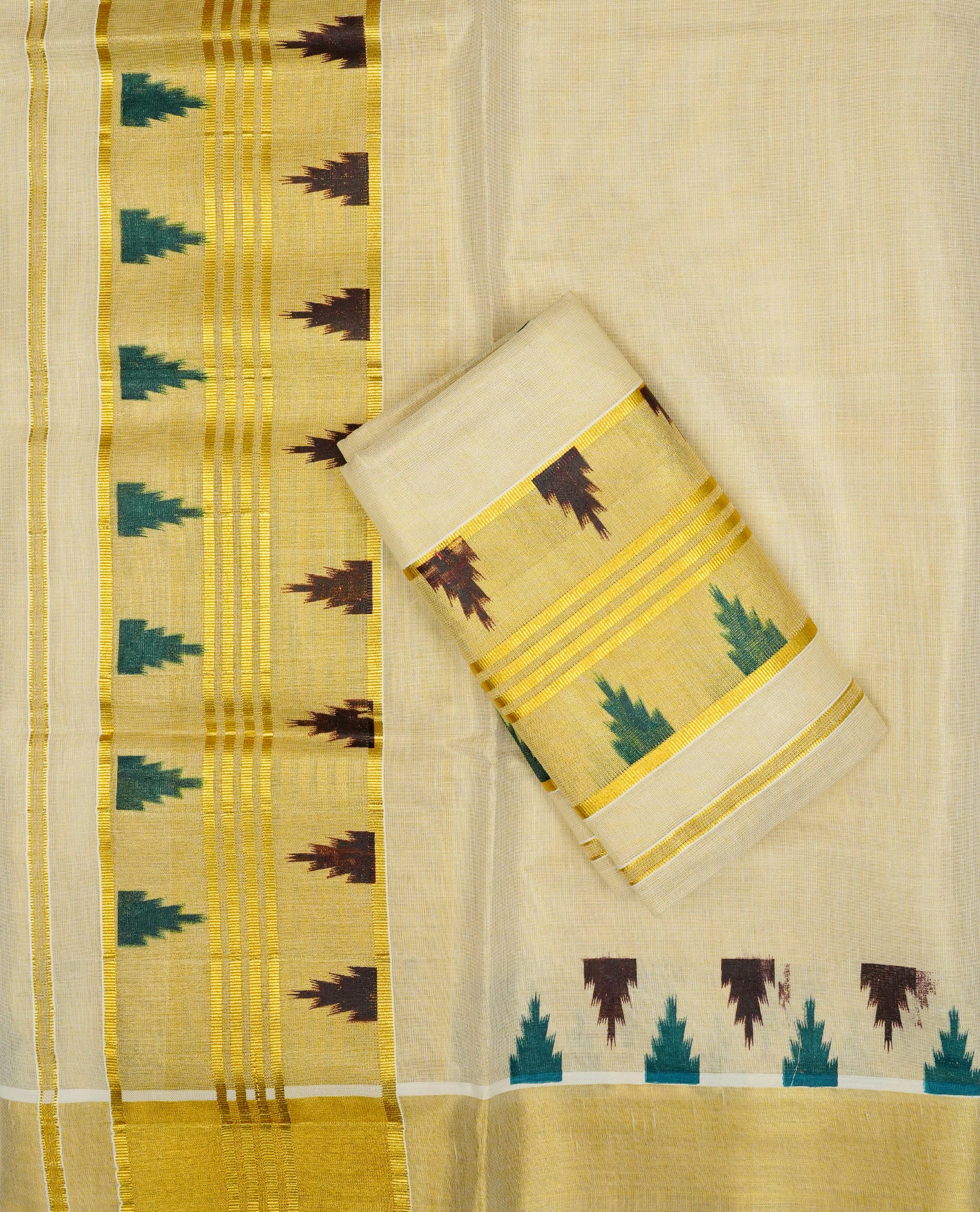 Cream Colour tissue set mundu featuring a Plain body, enhanced with elegant Green & Dark Brown  Temple Prints On  gold zari kara.