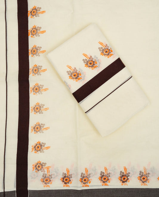 Cream colour cotton Set Mundu With Plain body, enhanced with Chocolate brown with printed kara.