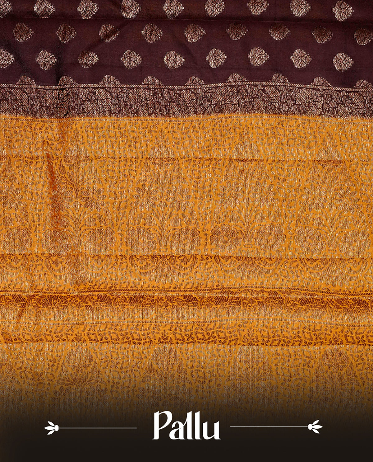 Chocolate colour banaras saree featuring Gold zari buttas on body, complemented by contrast mustard colour with simple zari border, comes with matching blouse piece.