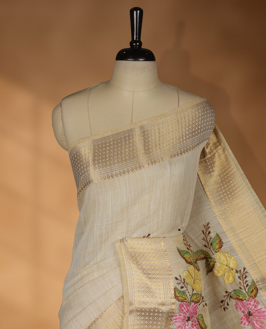 Beige colour Banarasi linen silk saree featuring hand brushed colour with Floral  & birds printed pattern on body, gold zari woven geometric design border with self colour pallu and comes with a matching blouse