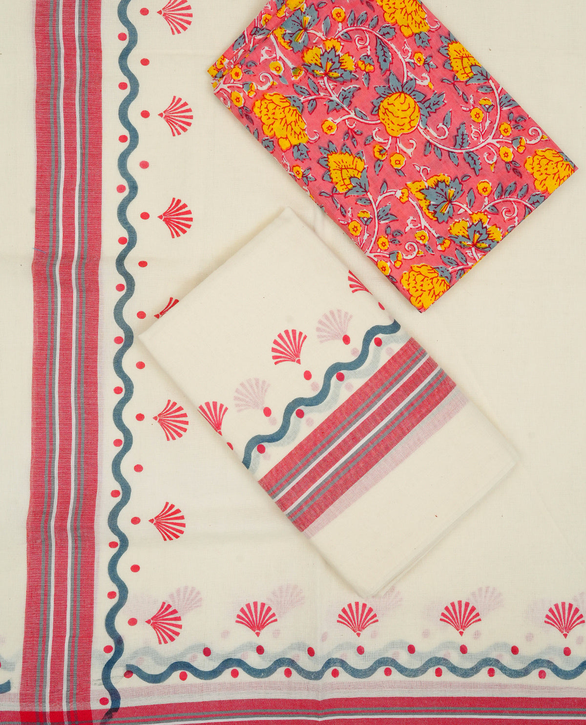 Cream colour cotton Set Mundu With Plain body, enhanced with Red & Dark grey Printed kara.