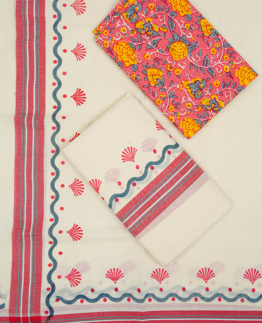 Cream colour cotton Set Mundu With Plain body, enhanced with Red & Dark grey Printed kara.