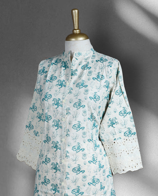 Off white colour cord set with sky blue floral prints, featuring a mandarin collar straight kurta with front slit and 3/4th sleeves detailed with lace, paired with matching straight pants.
