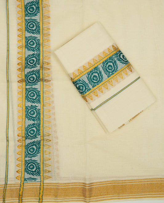 Cream colour cotton Set Mundu With Plain body, enhanced with green & Gold kasavu kara.
