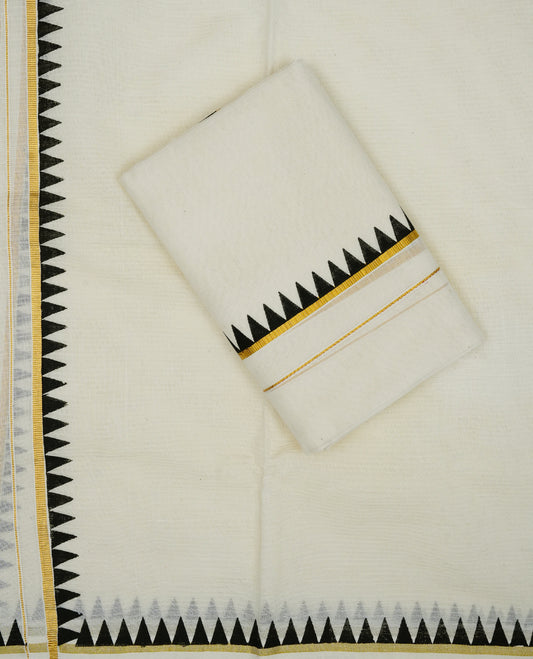 Cream colour cotton set mundu featuring gold zari with black temple printed border.