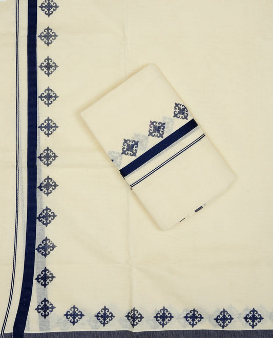 Cream colour Cotton set mundu With plain body, Featuring Print & Blue kara.