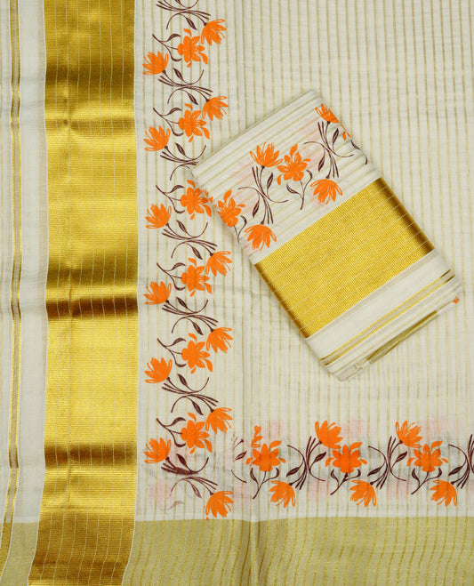 Cream colour cotton set mundu featuring Gold zari strip on body, kasav with orange floral printed kara.