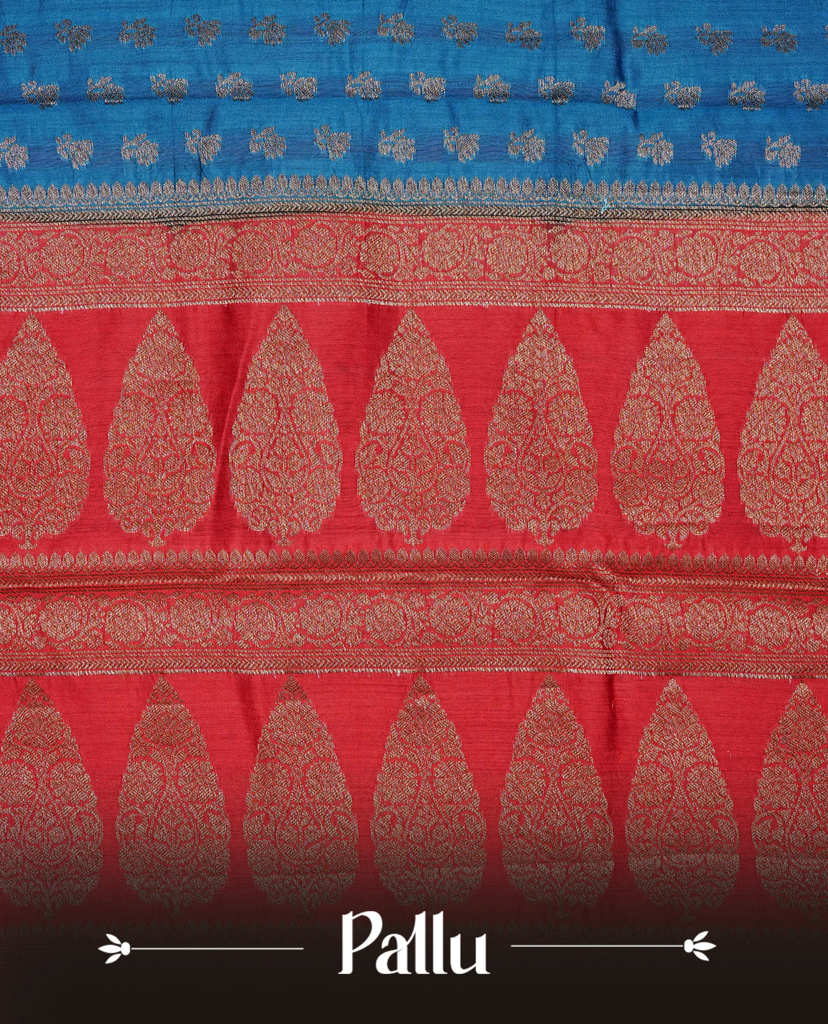 Blue colour banaras saree featuring Gold zari buttas on body, complemented by contrast Maroon colour with simple zari border, comes with matching blouse piece.