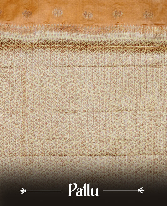 Dark mustard colour banaras silk saree featuring Gold zari buttas on body, complemented by contrast Pale yellow colour border, comes with matching blouse piece.