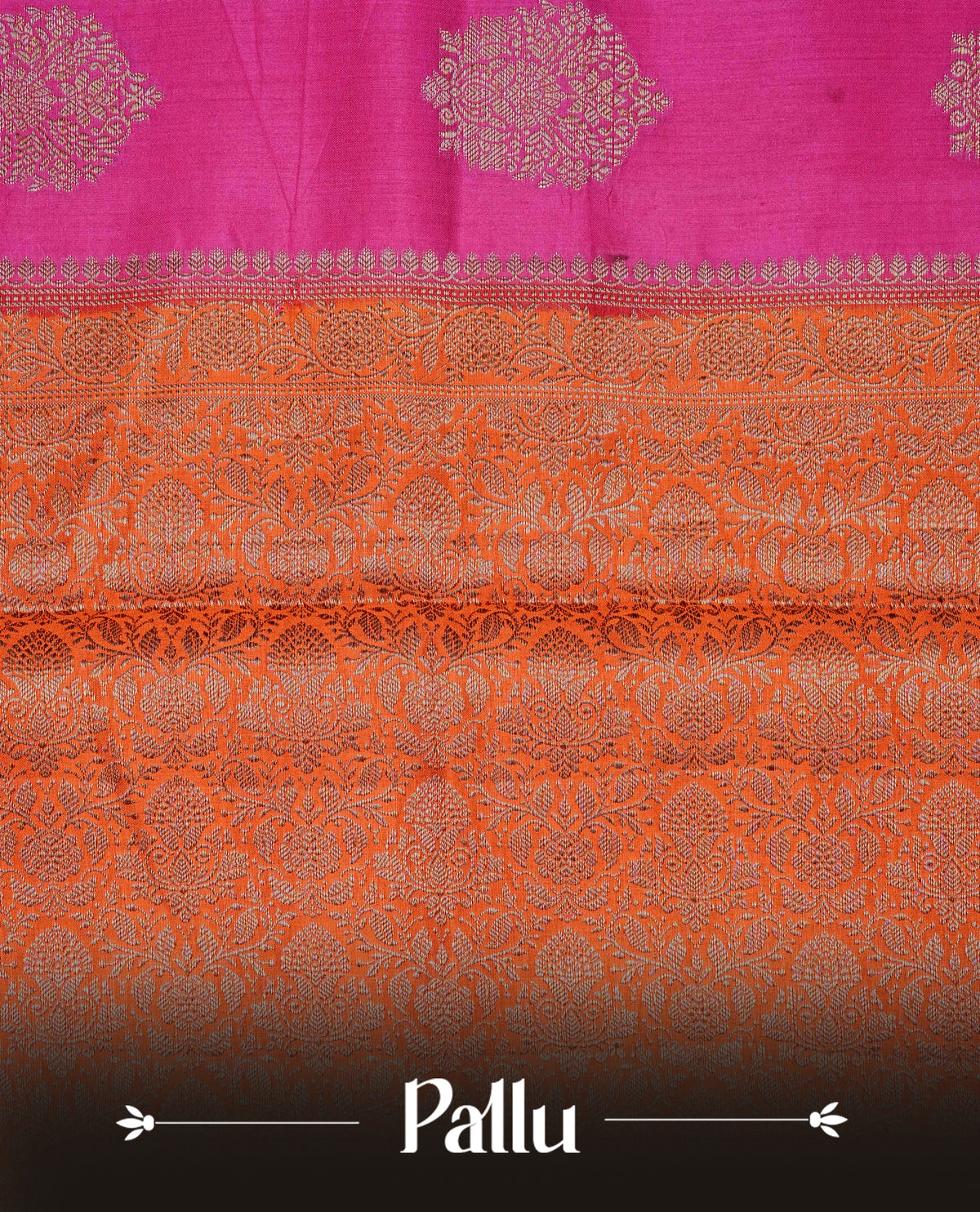 Magenta colour banaras saree featuring gold zari motifs on body, complemented by contrast orange colour with gold zari border, comes with matching blouse piece.