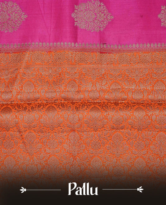 Magenta colour banaras saree featuring gold zari motifs on body, complemented by contrast orange colour with gold zari border, comes with matching blouse piece.