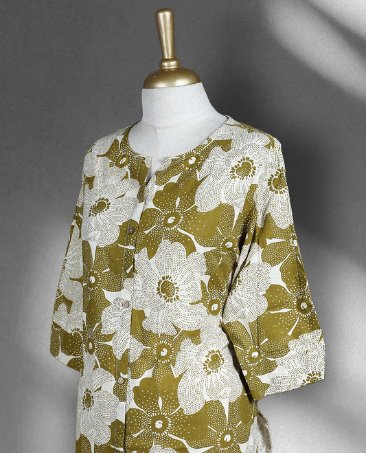 Olive green colour cord set with bold beige colour floral prints, featuring a straight cut top with a front slit and matching beige pants.