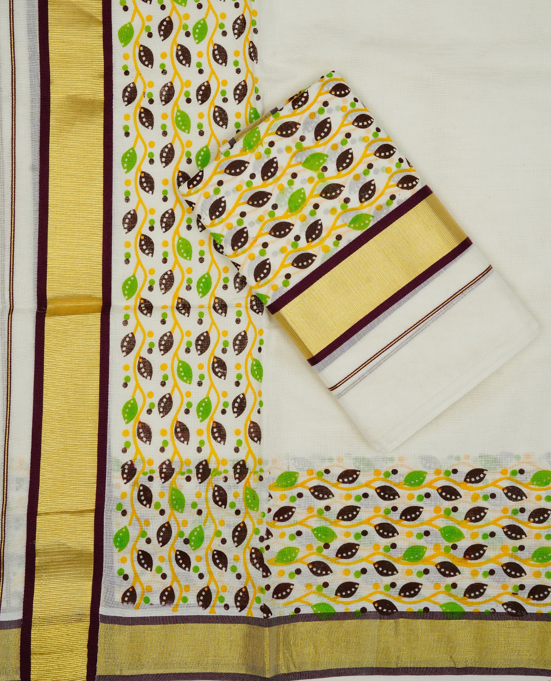 Cream colour cotton set mundu featuring Kasav with Maroon border with Leaf print.