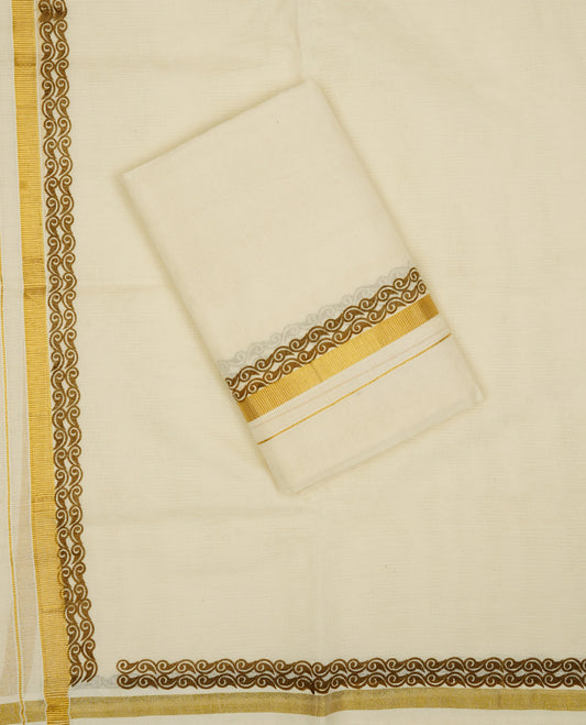 Cream colour cotton Set Mundu With Plain body, enhanced with Gold kasavu with Printed kara.