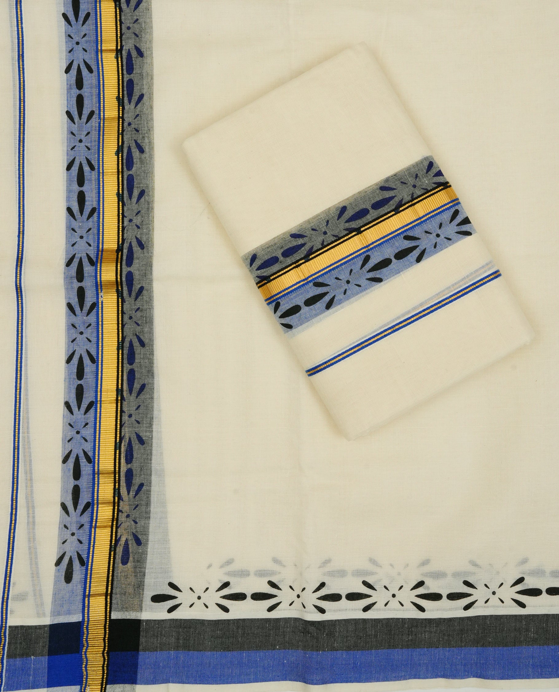 Cream colour cotton set mundu with plain body, featuring Gold zari & Blue, black Print kara.