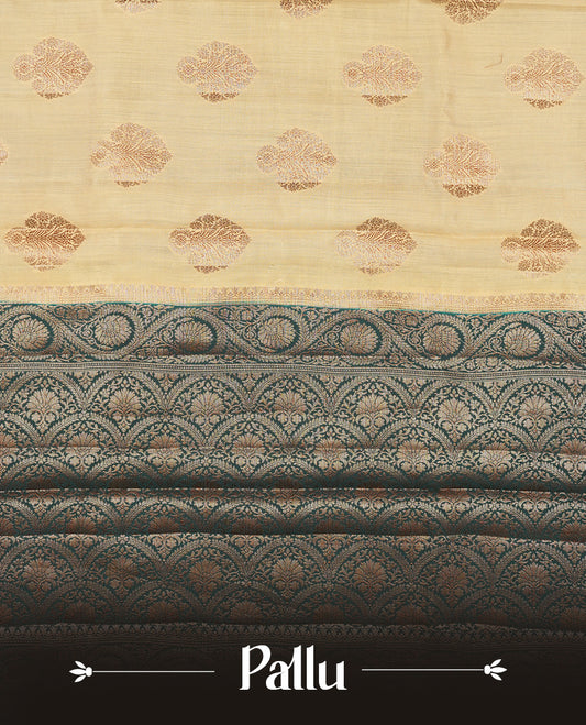 Gold Cream Banaras soft silk saree with gold zari oval motifs on body, with contrast Teal colour floral pattern on pallu, border, and Matching blouse.