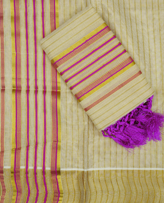 Light Gold Tissue set mundu featuring Gold zari strips on body, pink & gold striped kara.