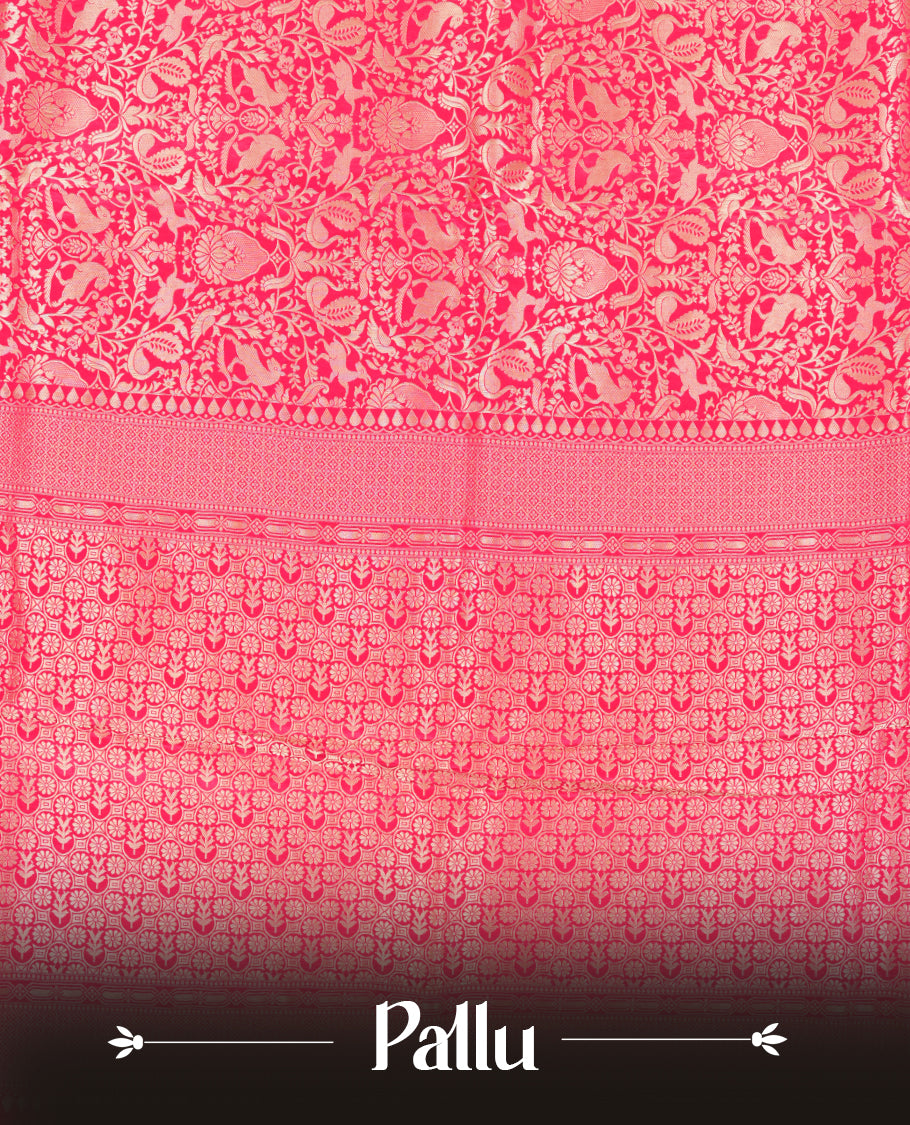 Rani Pink colour Mysore Crepe Silk saree fearturing gold Zari kodi visiri & Animal brocade pattern on body and self colour border paired with matching blouse