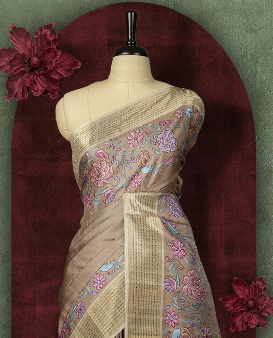 Beige colour Semi Tussar Silk saree with vibrant digital floral printed body and elegant Kandha work border & Paired with a matching blouse.