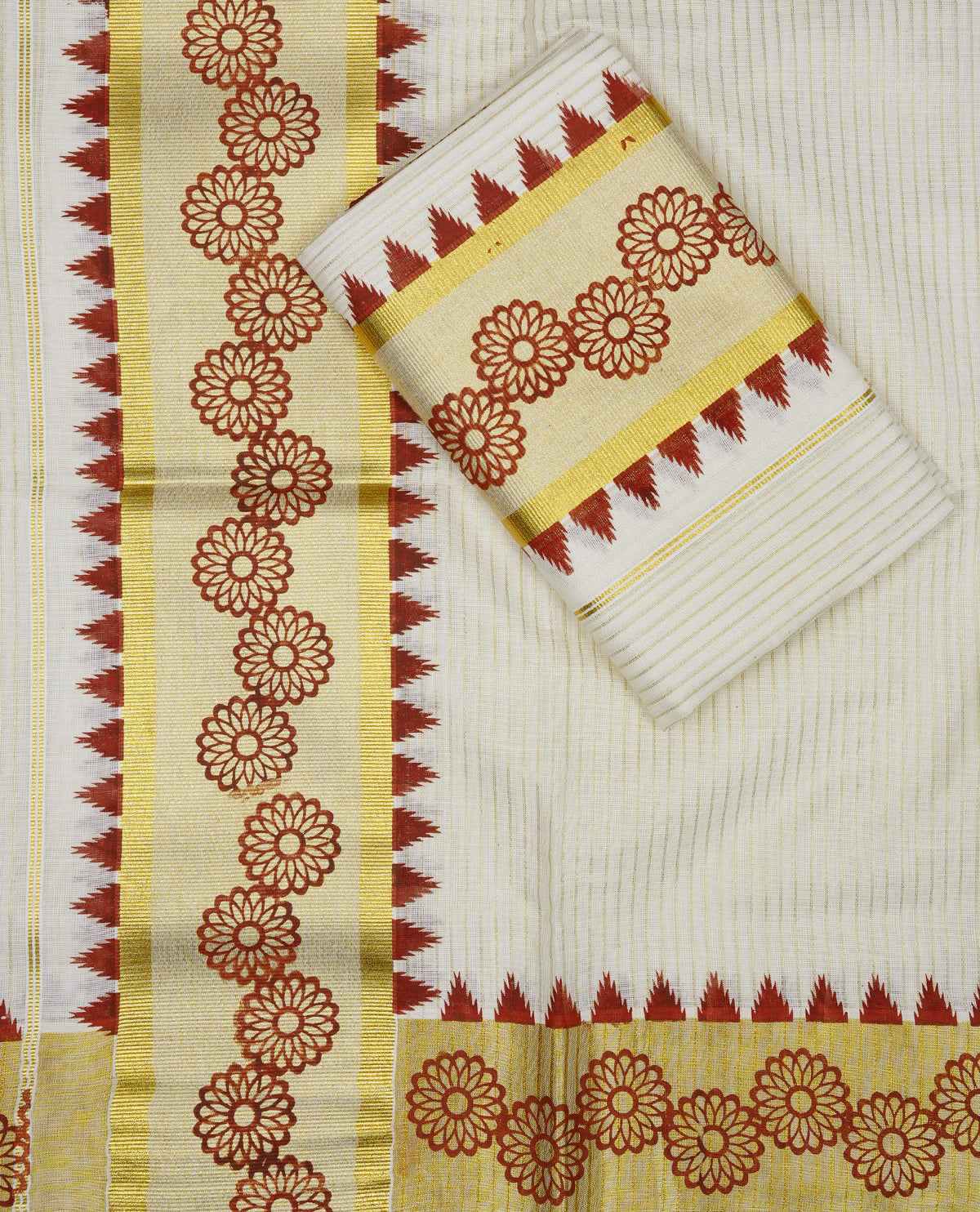 Cream colour cotton set mundu featuring Gold zari strip on body, kasav with printed kara.