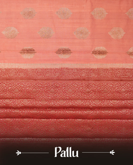 Pink peach Banaras soft silk saree with gold zari oval motifs on body, with contrast Deep red colour floral pattern on pallu, border, and Matching blouse.