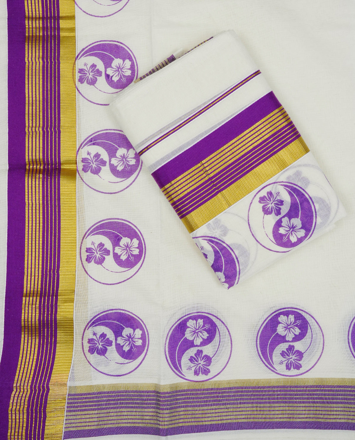 Cream colour cotton set mundu featuring Purple Print with gold kasav kara.