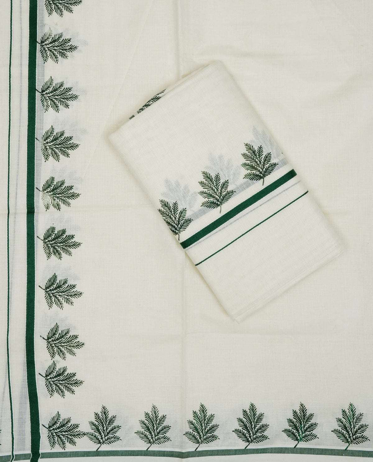 Cream colour cotton set mundu featuring green kara with leaf print.