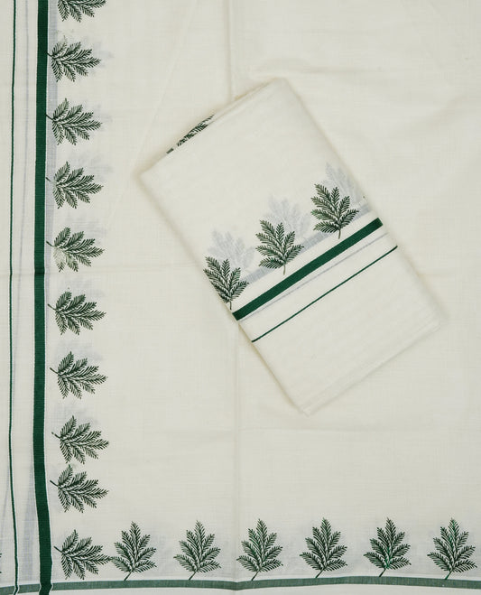 Cream colour cotton set mundu featuring green kara with leaf print.