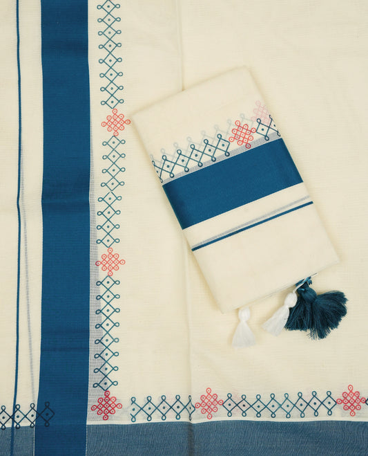 Cream colour cotton set mundu with plain body, featuring Blue kara with print.