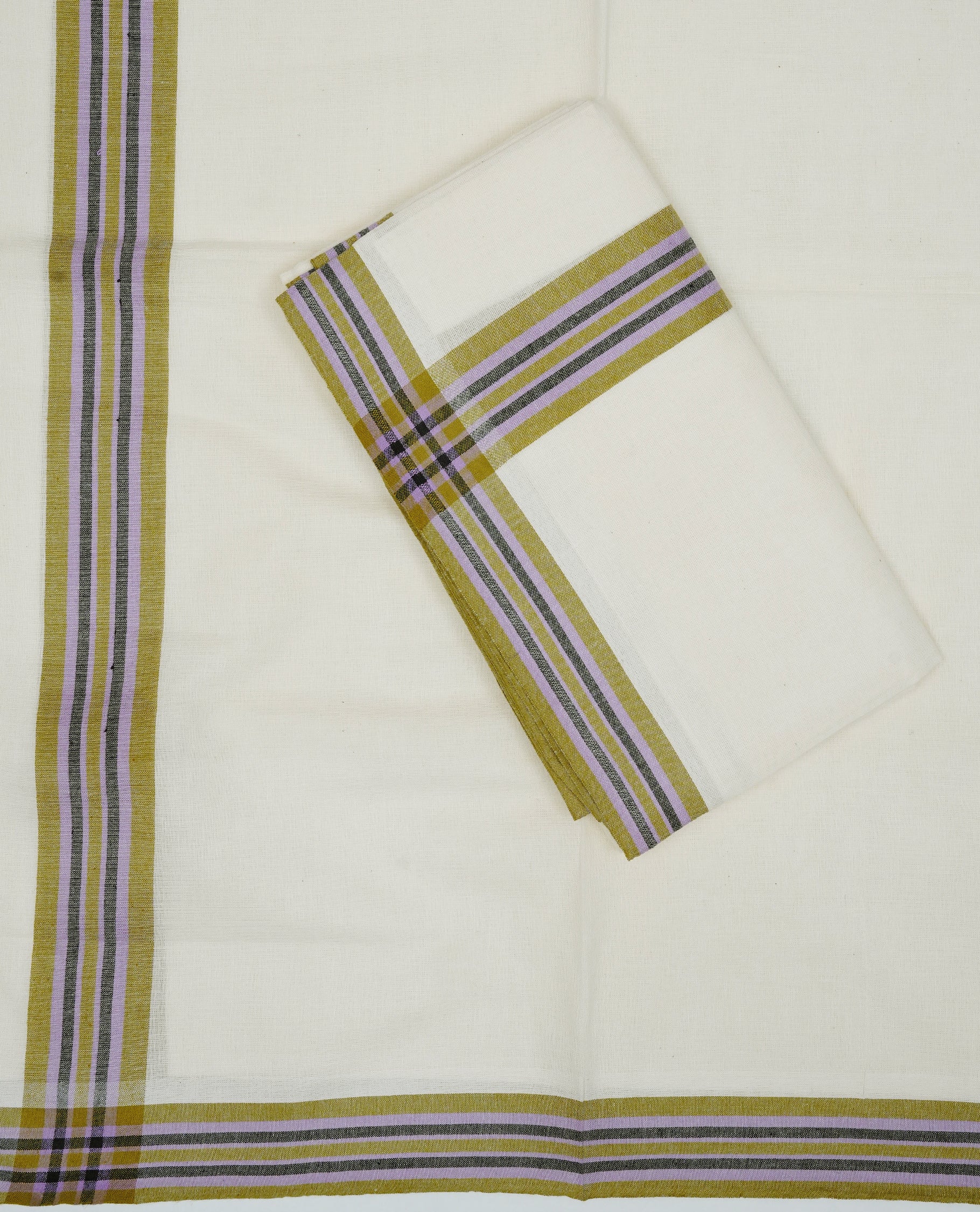 Cream colour cotton set mundu featuring olive, Pink, Black kara