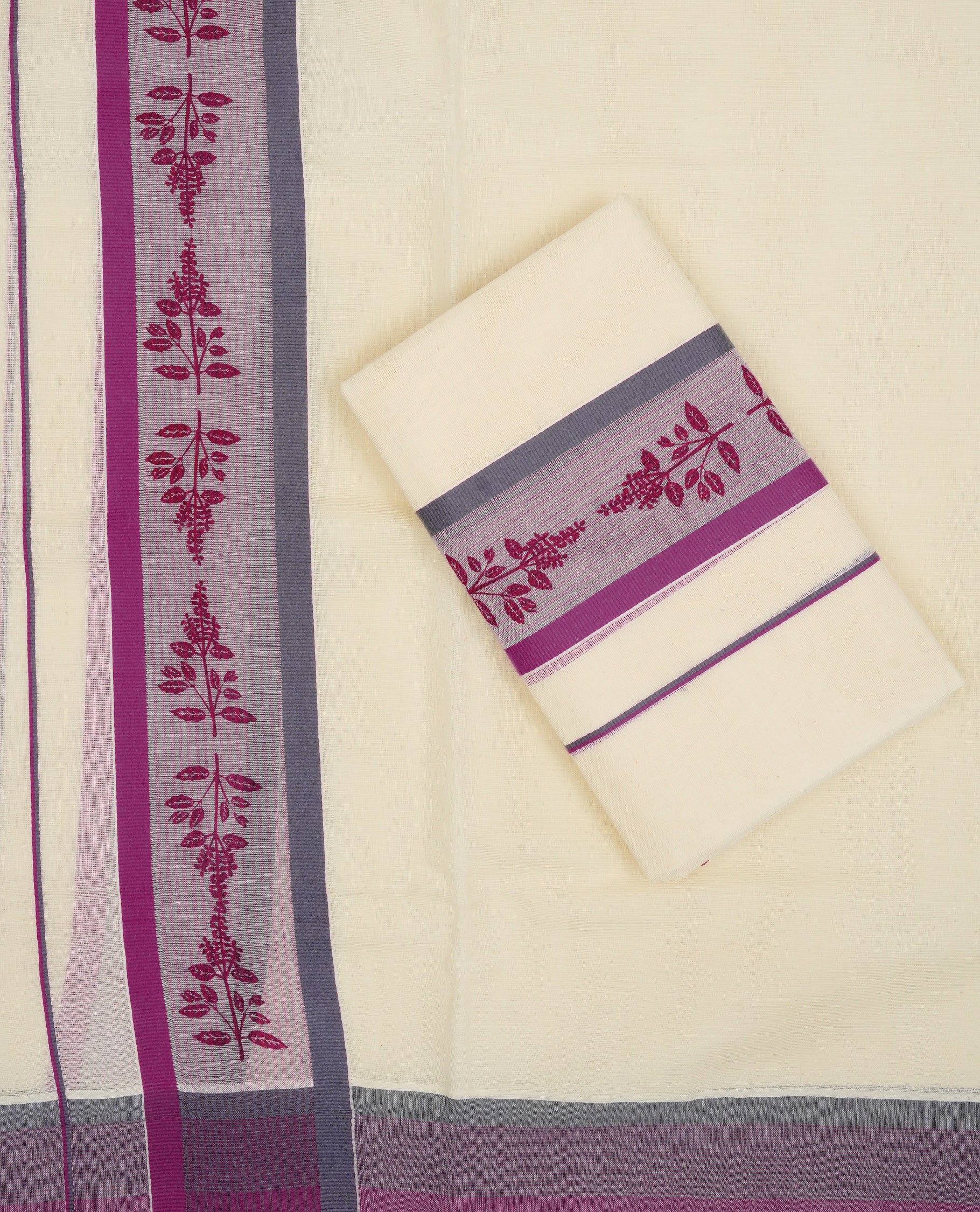 Cream colour cotton set mundu with plain body, featuring Purple & Grey kara with print.