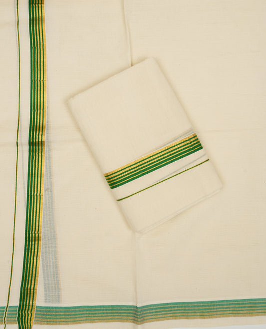 Cream colour Cotton set mundu With plain body, Featuring Gold zari & light green kara.