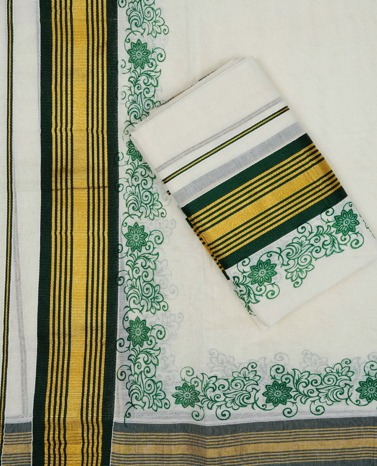 Cream colour cotton set mundu featuring Gold & green kara with floral print.