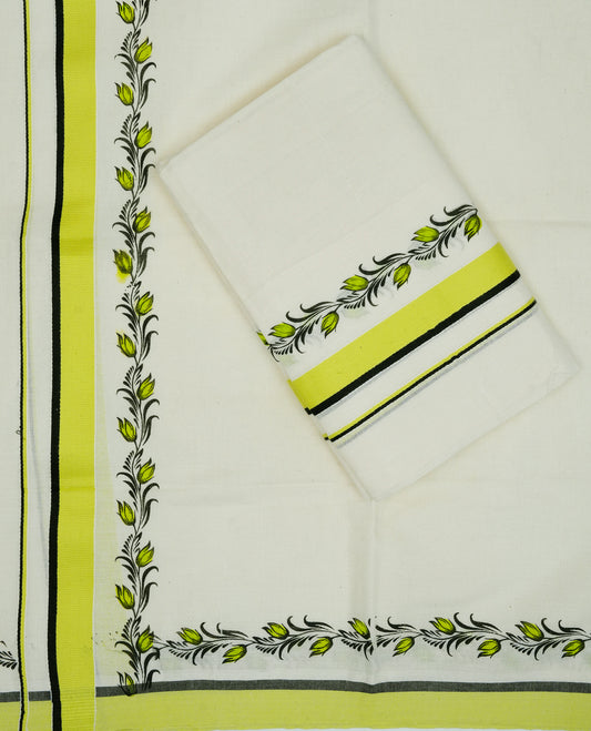 Cream colour Cotton set mundu featuring Black & Yellow kara with Floral kodi printed border
